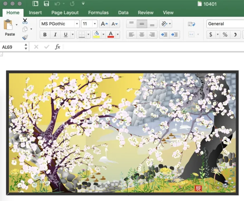 Amazing Excel spreadsheet art of a serene Japanese landscape with cherry blossoms and cranes.