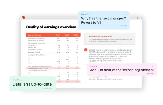 PowerPoint presentation showing financial data with collaboration comments and change tracking.