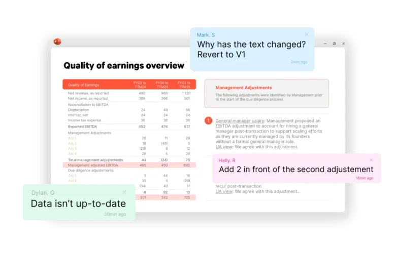 AI document review tool showing a quality of earnings overview with collaborative comments.
