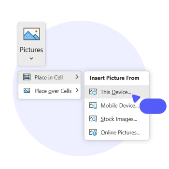 Excel: Inserting a picture from device. Options include: place in cell or over cells, mobile device, stock images, online pictures.