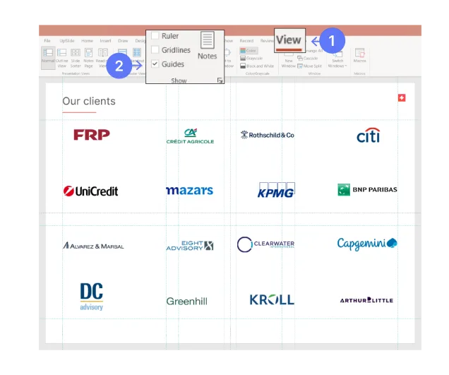 Gridlines in PowerPoint showing logos of FRP, Citi, KPMG, and other companies.