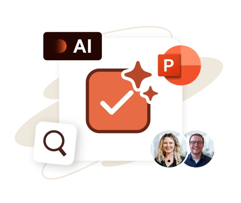 UpSlide advisory image with icons for AI, PowerPoint, search, and two team members.