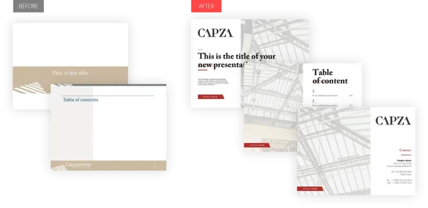 CAPZA presentation slide deck before and after redesign.