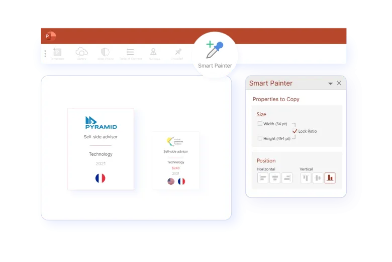 Smart Painter tool for PowerPoint, copying size and position properties.