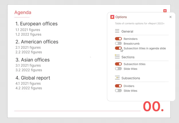 Upslide new features: Agenda slide options for report presentation