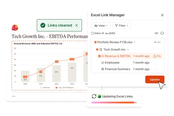 Excel Link Manager updating links in PowerPoint for Tech Growth Inc. financial data.