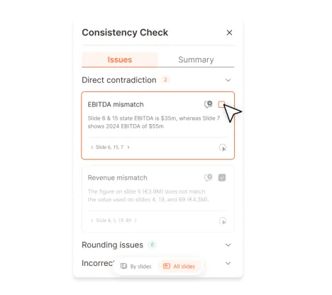 AI consistency check shows EBITDA mismatch and revenue mismatch in presentation slides.