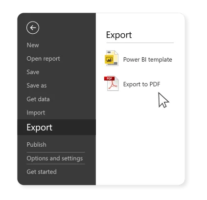 Power BI export menu showing options for Power BI template and PDF export.