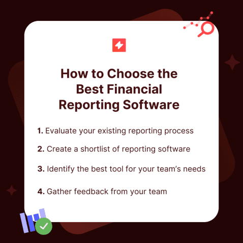 Steps to choose financial reporting software: evaluate, shortlist, identify needs, gather feedback.