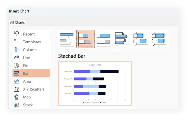 Screenshot of an "Insert Chart" window showing options including a stacked bar chart example.